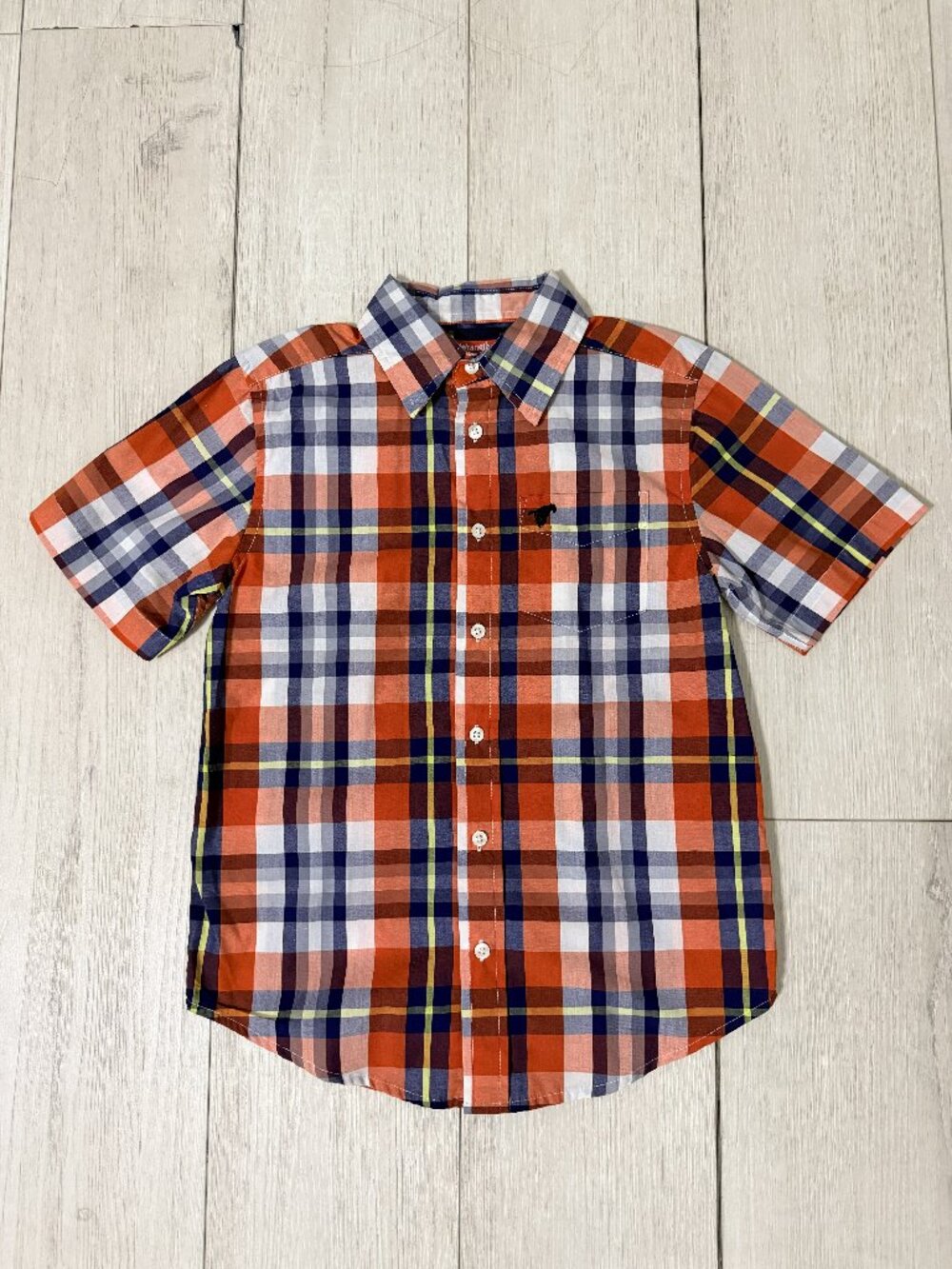 Wrangler Boys Button Down Shirt Short Sleeve Orange Plaid Medium 8 NEW